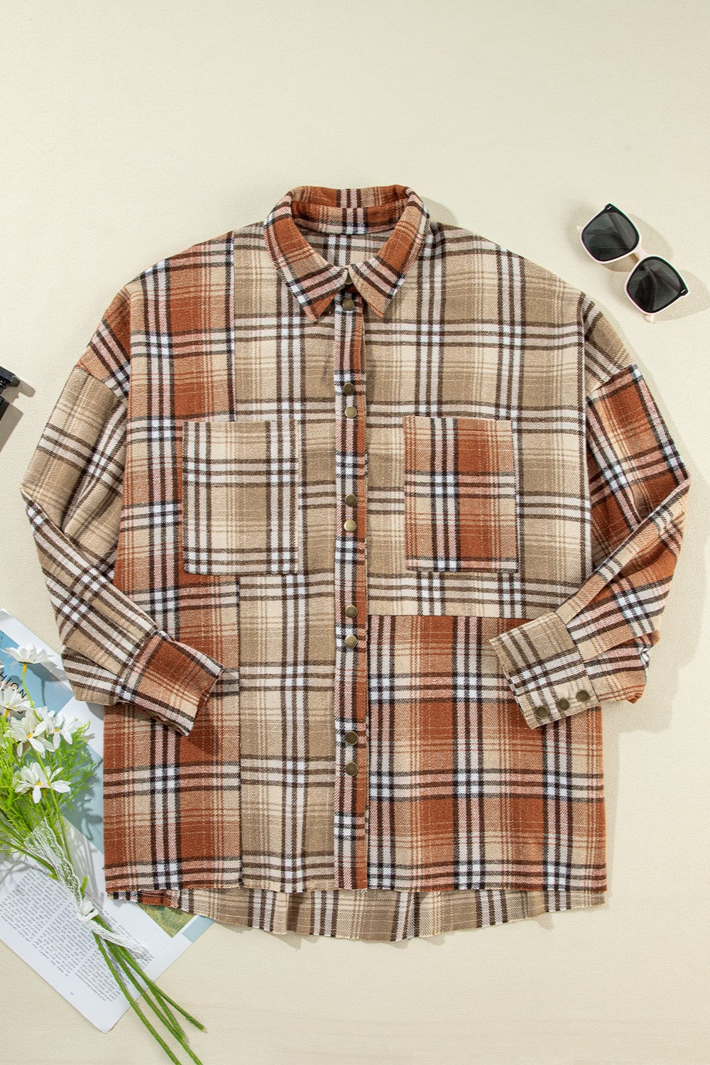 Plaid Snap Down Dropped Shoulder Shacket