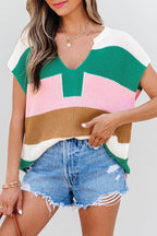 Multicolour Color Block Notch V Neck Sweater T Shirt