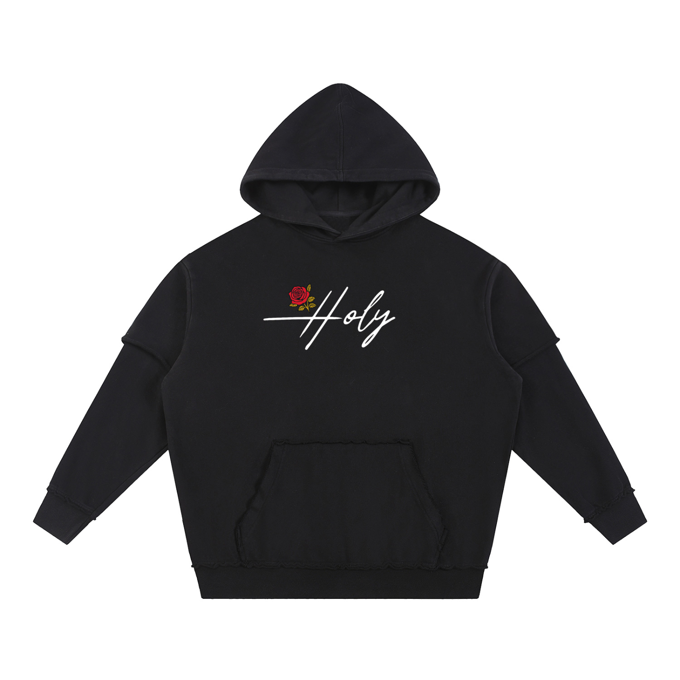 Holy Rose Snow Washed Raw Edge Double Layered Hoodie