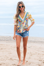 Multicolour Crochet V Neck Half Sleeve Boho Floral Blouse