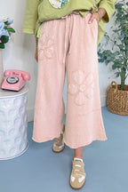 Pink Flower Patch Mineral Washed Terry Knit Cropped Wide Leg Pants