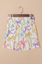 White Cheerful Bow Print Elastic Pull On Casual Shorts