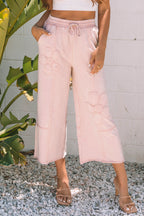 Pink Flower Patch Mineral Washed Terry Knit Cropped Wide Leg Pants