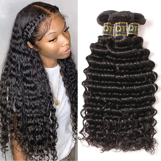 QTHAIR Brazilian Deep Wave Human Hair Bundles 16A Grade Brazilian Virgin Human Hair 10 1214 Inch 100% Virgin Unprocessed Deep Wave Bundles Human Hair 300g Total Natural Black #1B