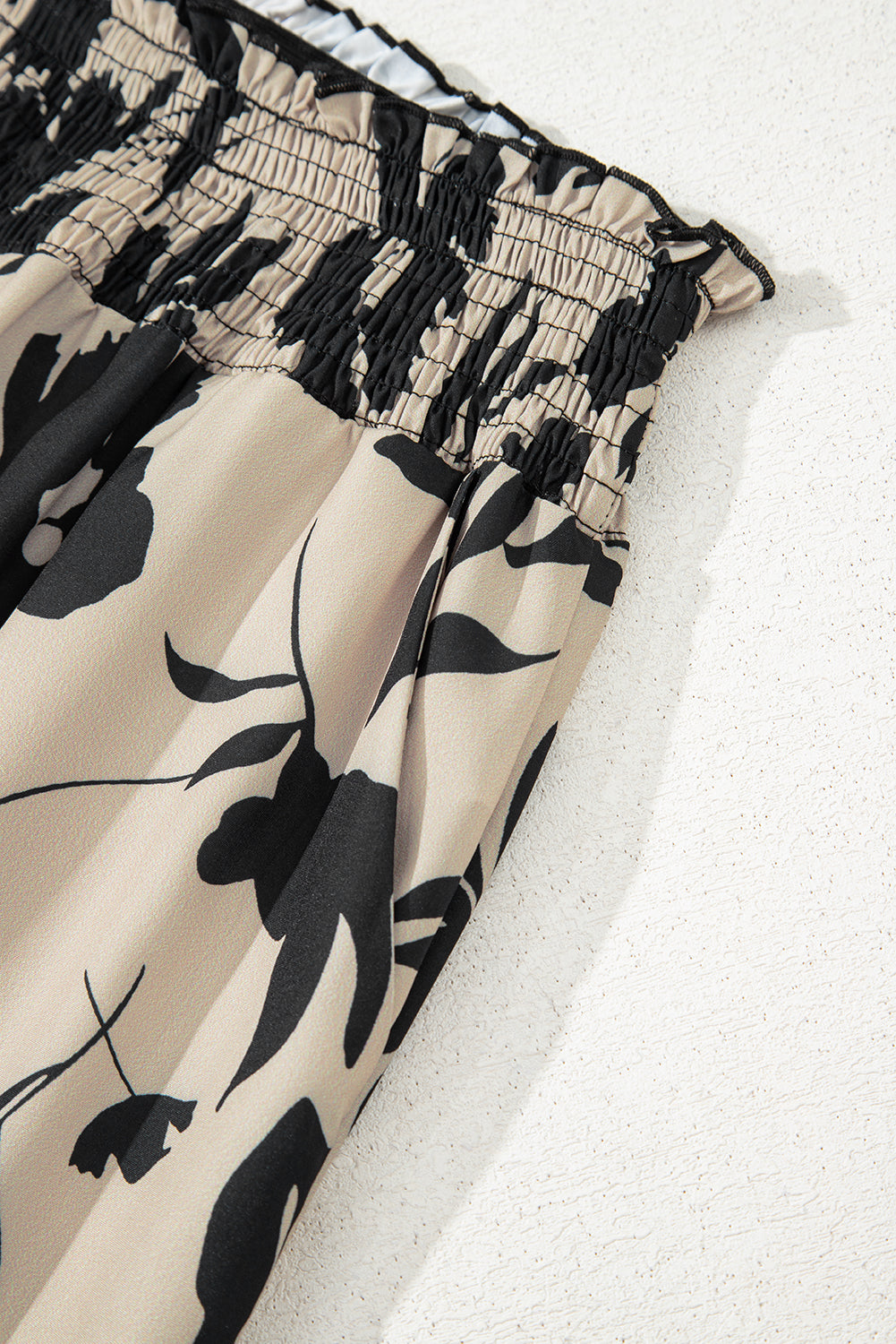 Khaki Floral Print Smocked High Waist Wide Leg Pants