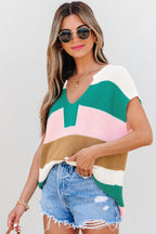 Multicolour Color Block Notch V Neck Sweater T Shirt