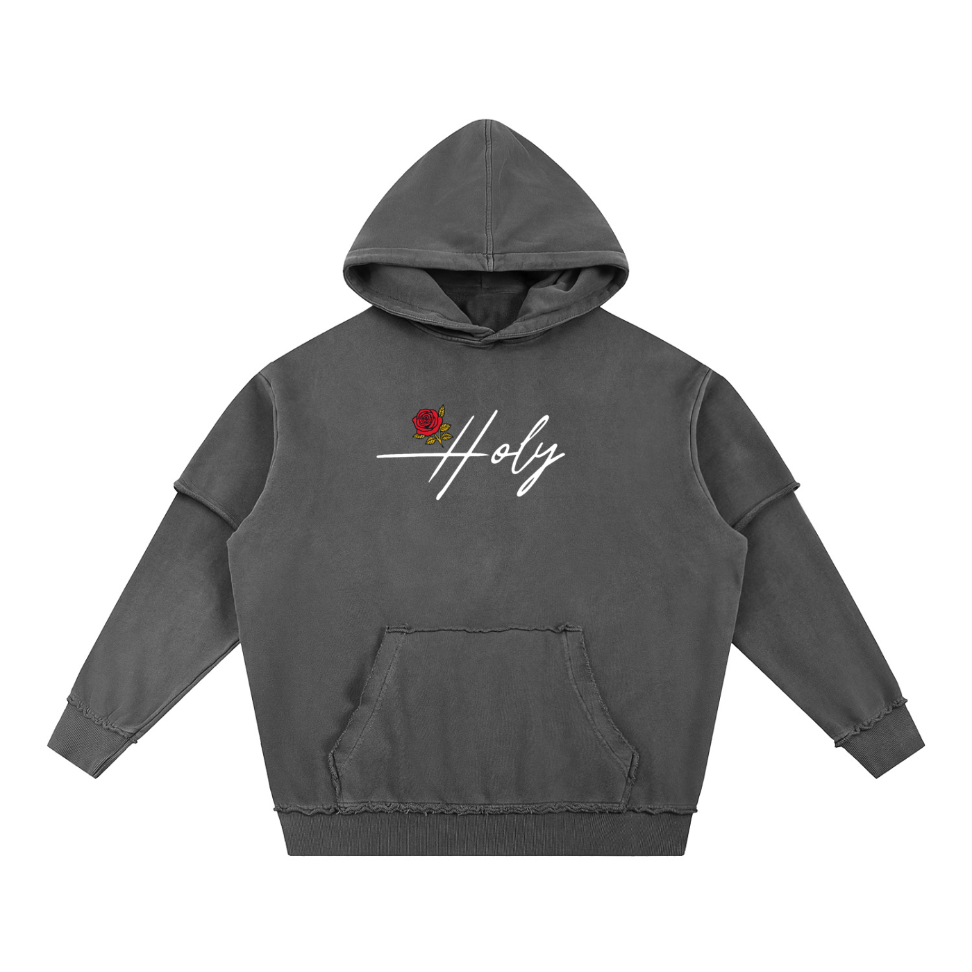 Holy Rose Snow Washed Raw Edge Double Layered Hoodie