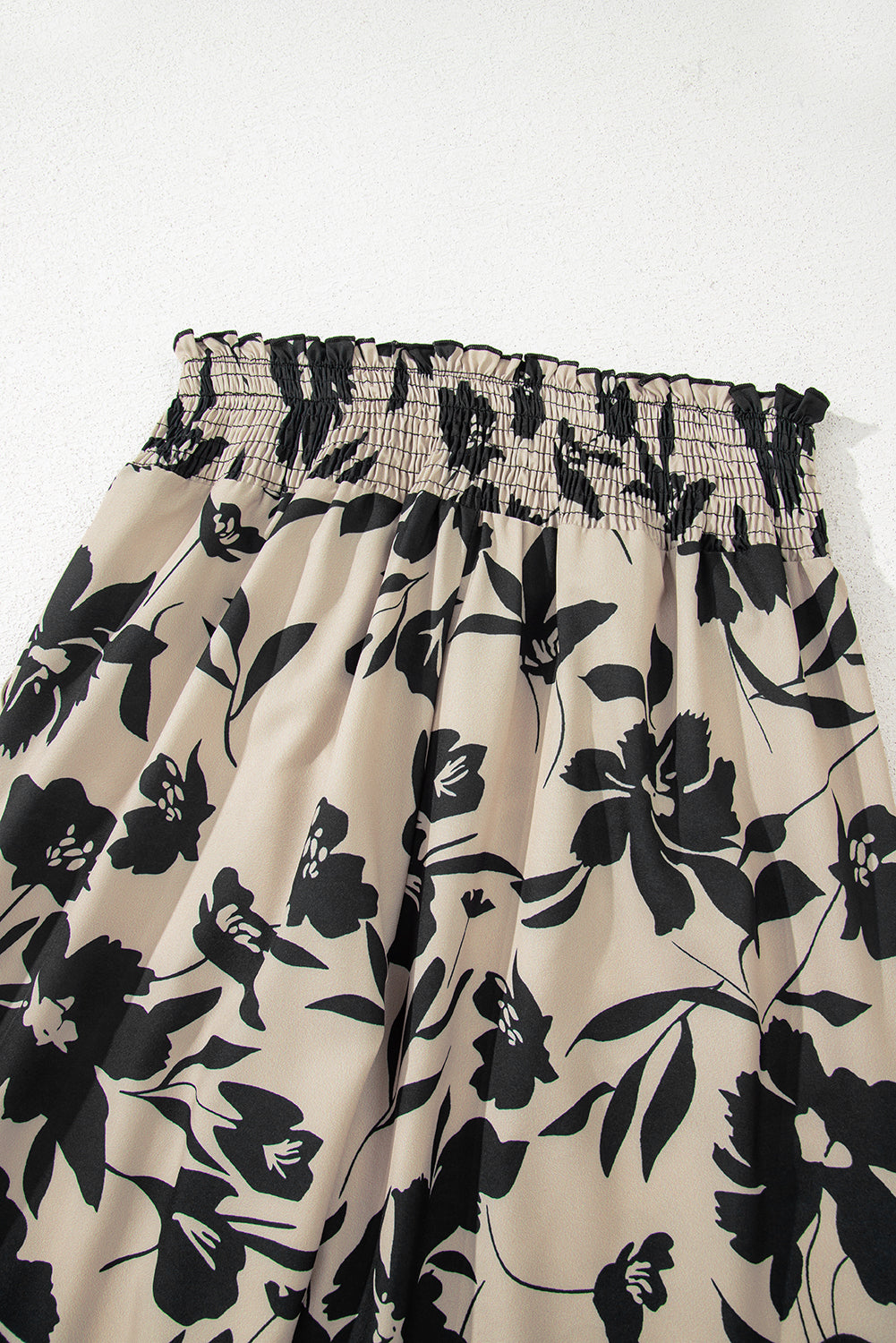 Khaki Floral Print Smocked High Waist Wide Leg Pants
