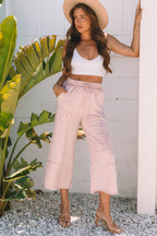 Pink Flower Patch Mineral Washed Terry Knit Cropped Wide Leg Pants