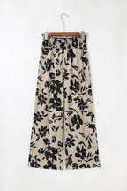 Khaki Floral Print Smocked High Waist Wide Leg Pants