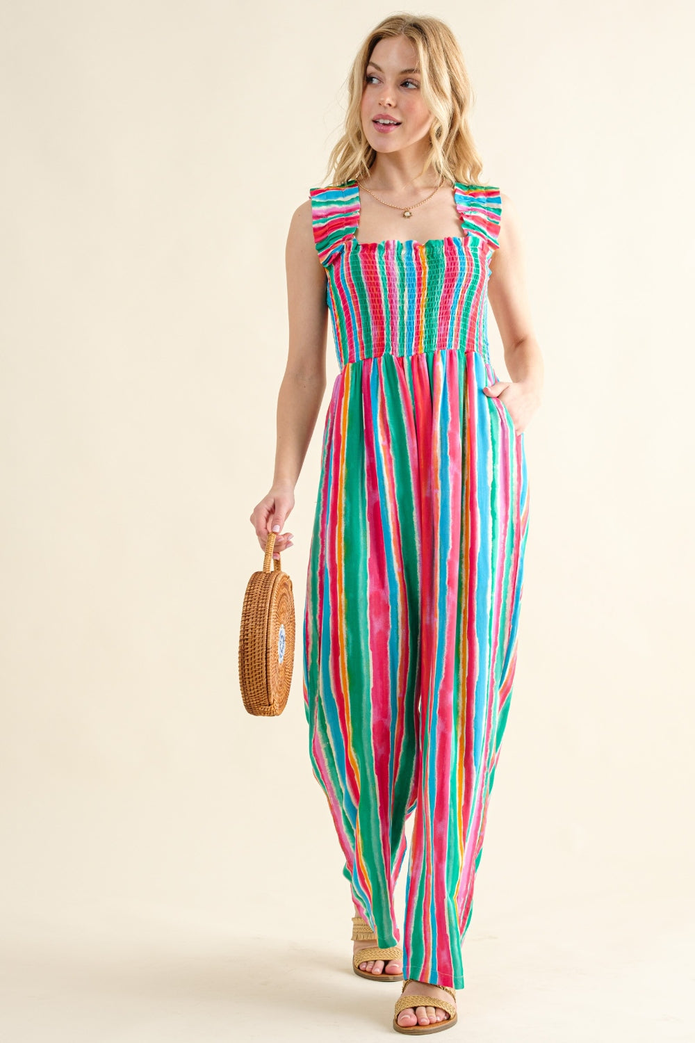 Candyland Striped Smocked Sleeveless Jumpsuit