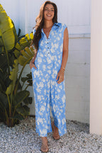 Myosotis Floral Print Half Button Wide Leg Relaxed Sleeveless Jumpsuit