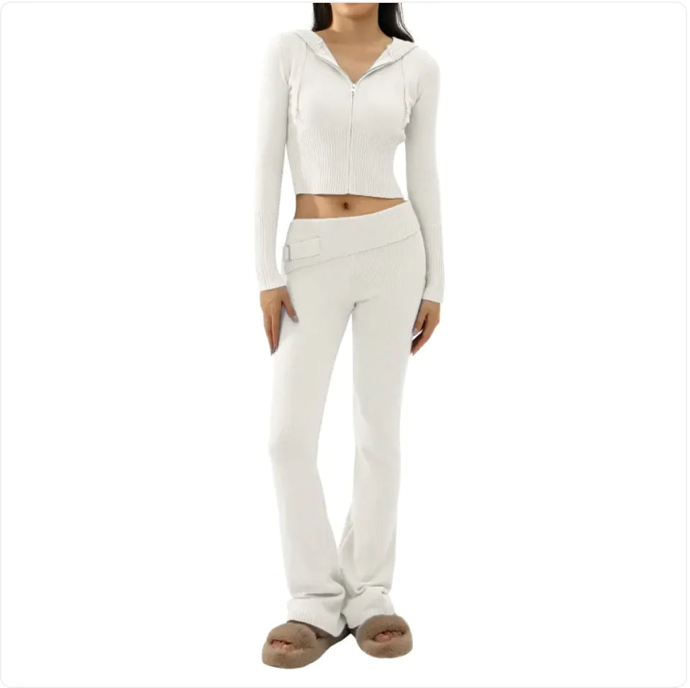 Women’s 2-Piece Knitted Hooded Set - Long-Sleeve Cardigan & High-Waist Trousers