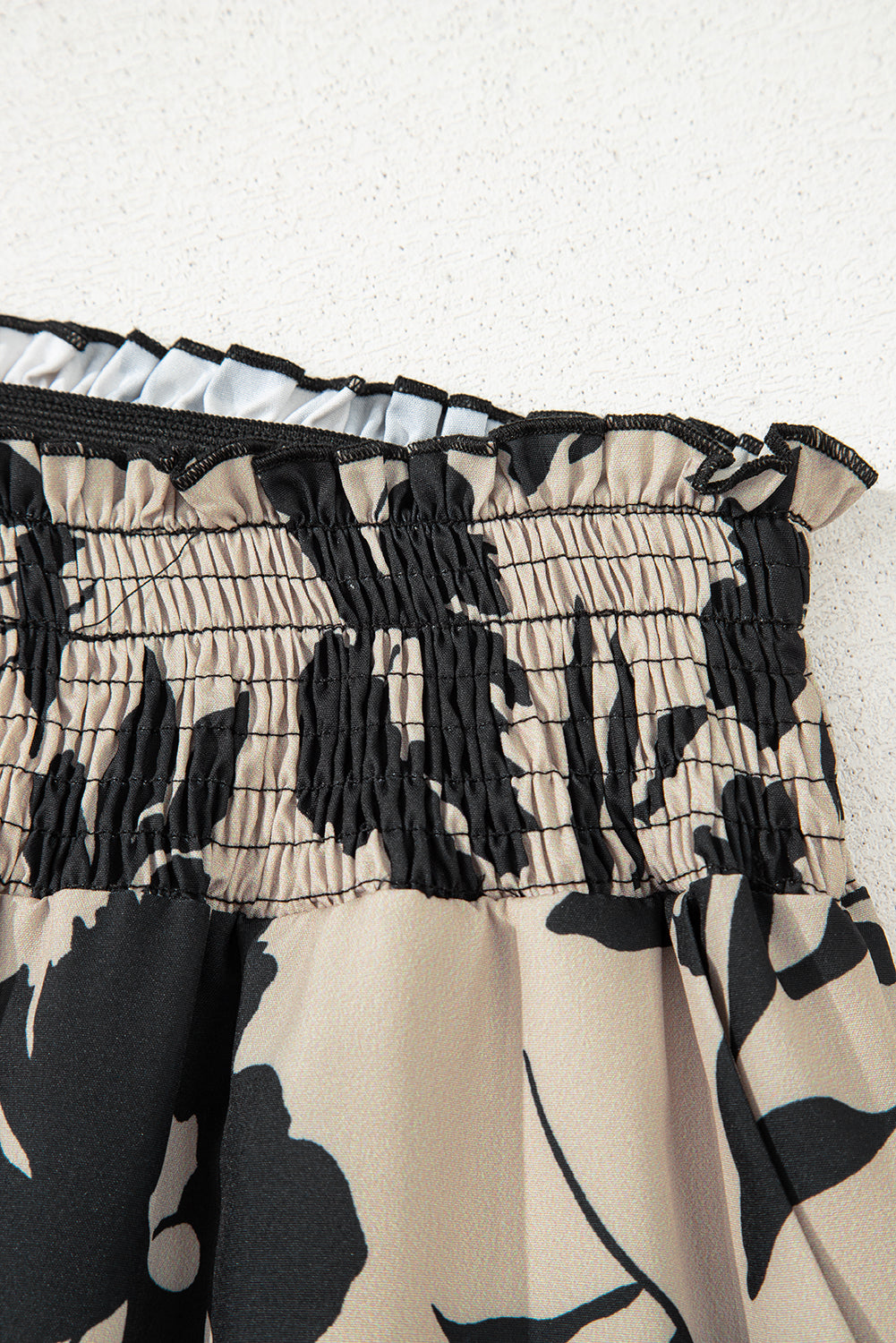 Khaki Floral Print Smocked High Waist Wide Leg Pants