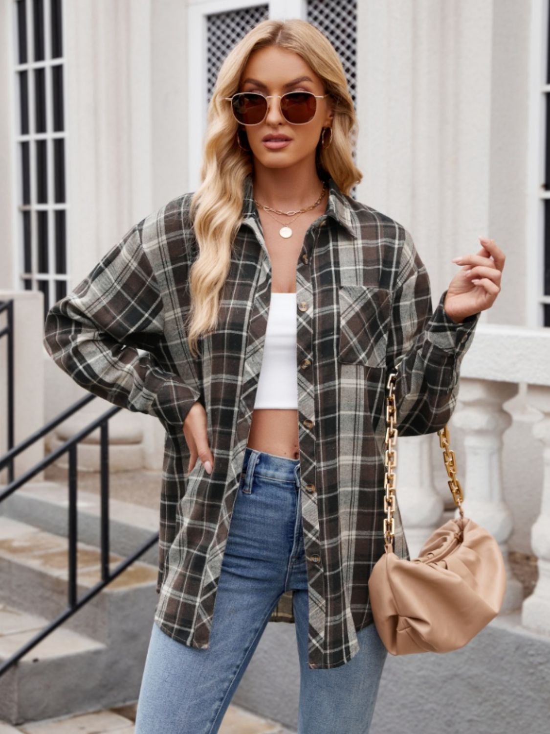 Pocketed Plaid Collared Neck Long Sleeve Shirt