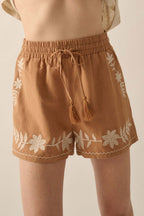Khaki Embroidered Boho Tasseled Drawstring Elastic Waist Casual shorts
