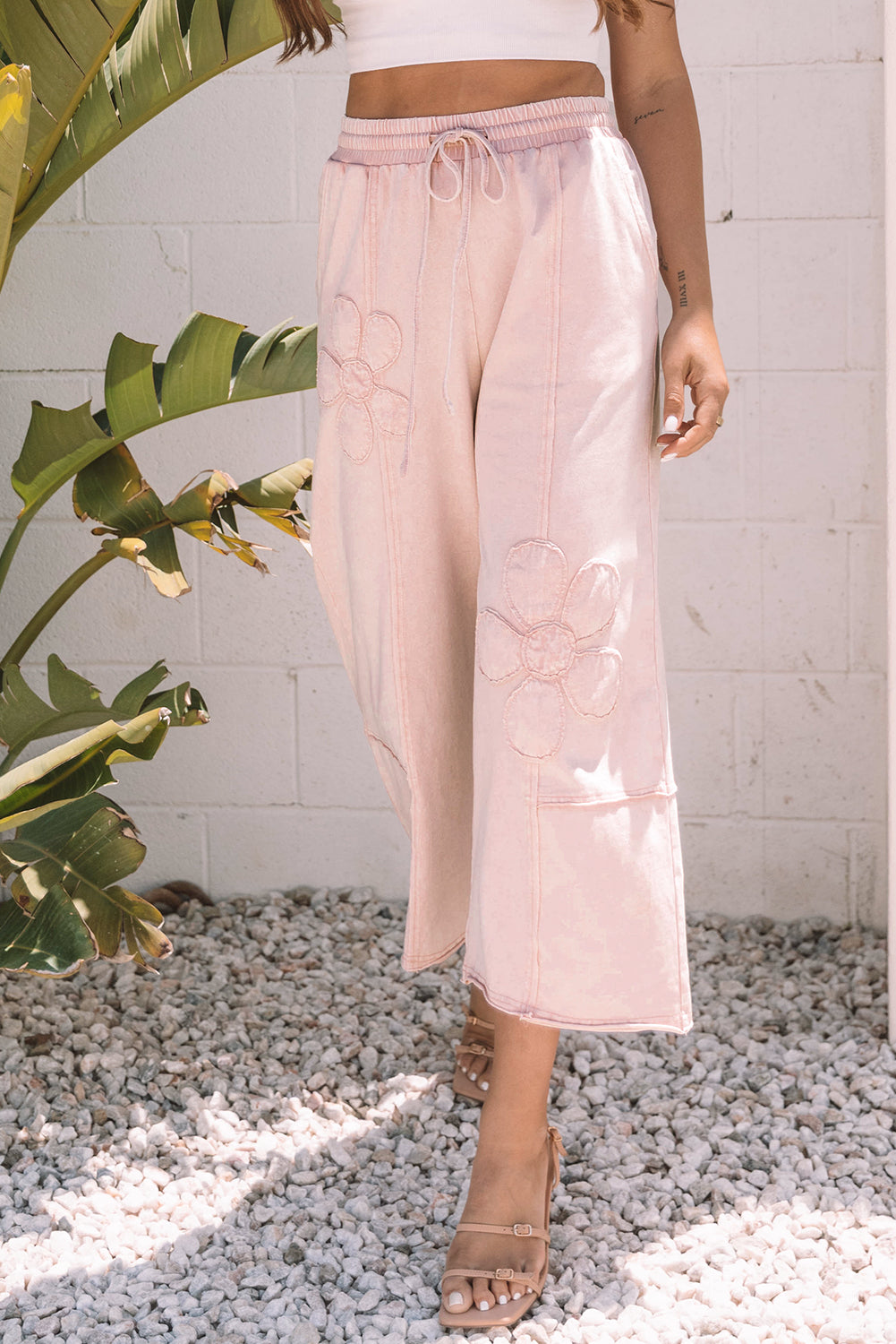 Pink Flower Patch Mineral Washed Terry Knit Cropped Wide Leg Pants