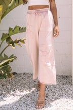 Pink Flower Patch Mineral Washed Terry Knit Cropped Wide Leg Pants