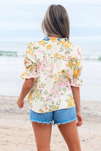 Multicolour Crochet V Neck Half Sleeve Boho Floral Blouse