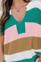 Multicolour Color Block Notch V Neck Sweater T Shirt