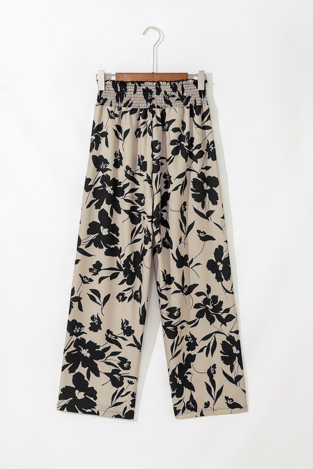 Khaki Floral Print Smocked High Waist Wide Leg Pants