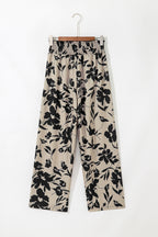 Khaki Floral Print Smocked High Waist Wide Leg Pants