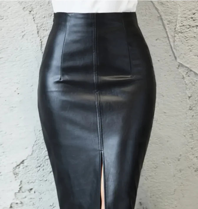 Chic Split Leather Midi Skirt