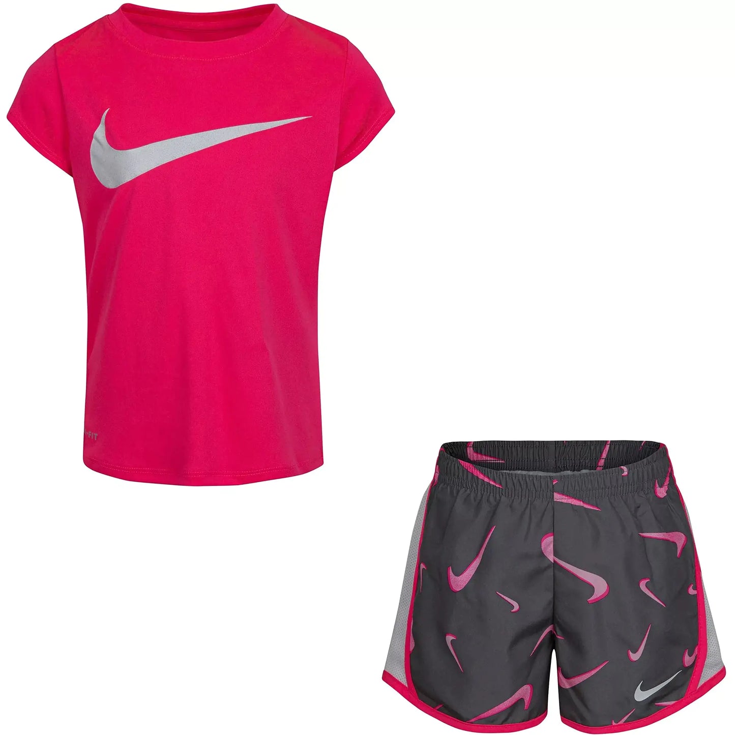 Nike Little Girls Dri-Fit Swoosh All Over Print T-Shirt and Shorts 2 Piece Set (Grey(26H664-M19)/Pink 2T 2_Years)