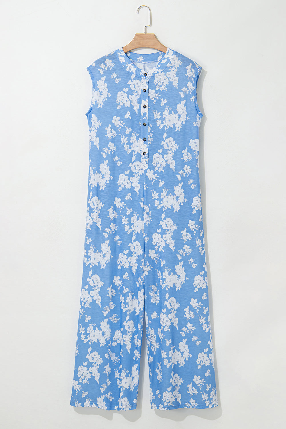 Myosotis Floral Print Half Button Wide Leg Relaxed Sleeveless Jumpsuit