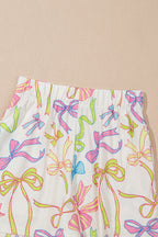 White Cheerful Bow Print Elastic Pull On Casual Shorts