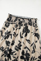Khaki Floral Print Smocked High Waist Wide Leg Pants