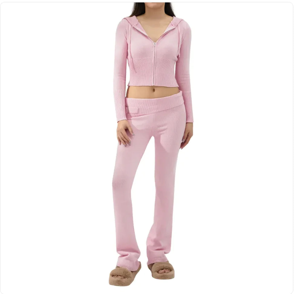 Women’s 2-Piece Knitted Hooded Set - Long-Sleeve Cardigan & High-Waist Trousers